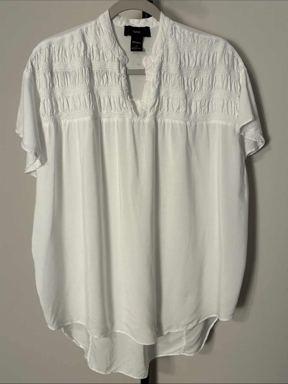 Rain White Smocked Yoke Short Sleeve Tunic Blouse Viscose Oversized Medium